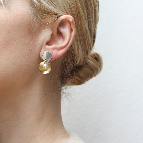 Square with Disc and Pearl Post Earring