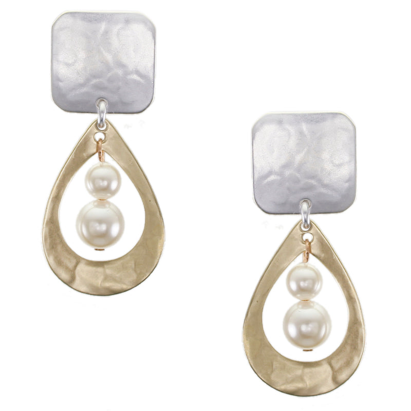 Square with Teardrop and Pearls Clip or Post Earring