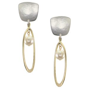 Tapered Square with Oval Hoop and Pearl Clip or Post Earring