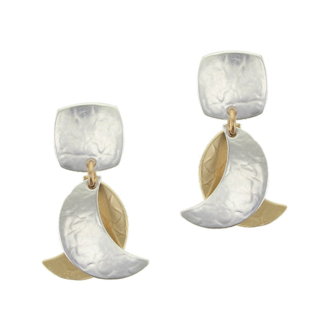 Rounded Square with Layered Crescents Clip or Post Earrings