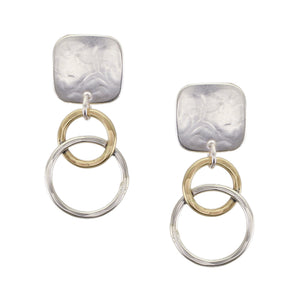 Rounded Square with Small Intertwined Hammered Rings Clip or Post Earrings