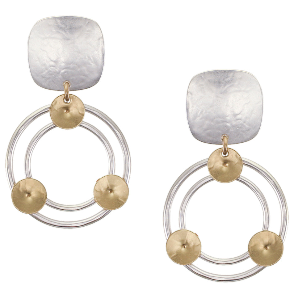 Rounded Square with Rings and Cymbals Clip or Post Earrings