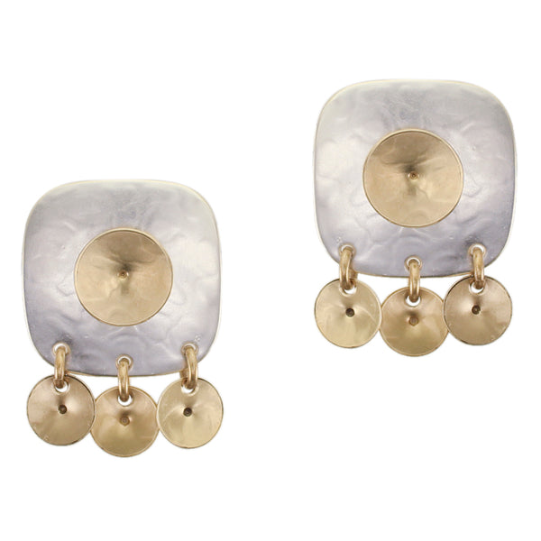 Rounded Square with Cymbal Drops Clip or Post Earrings