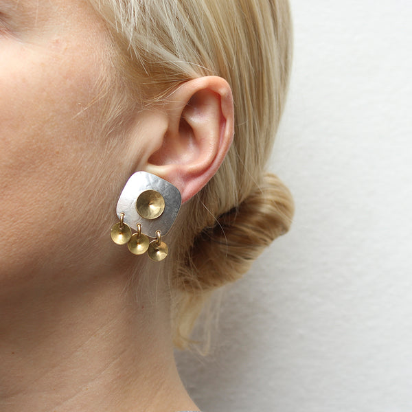 Rounded Square with Cymbal Drops Clip or Post Earrings