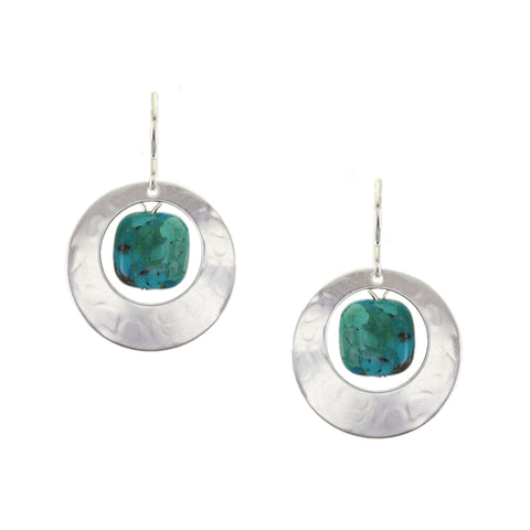 Cutout Disc with Square Turquoise Bead Wire Earrings
