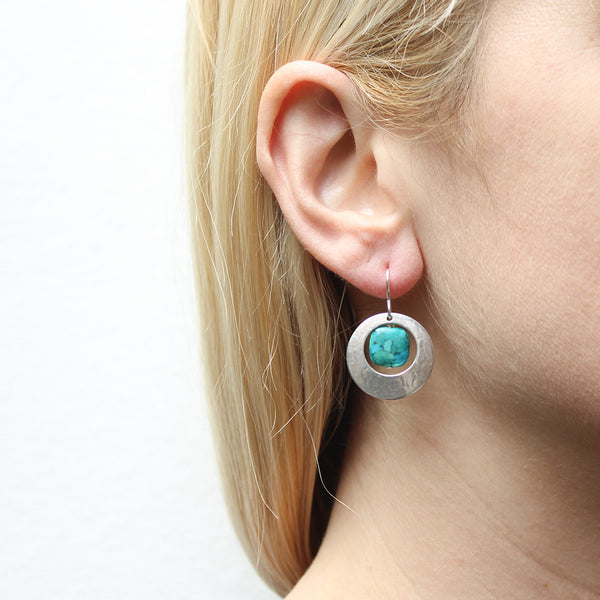 Cutout Disc with Square Turquoise Bead Wire Earrings