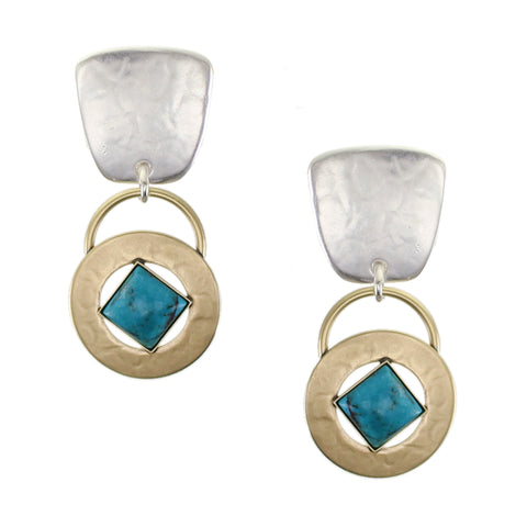 Tapered Square with Wide Ring and Turquoise Gem Clip or Post Earrings