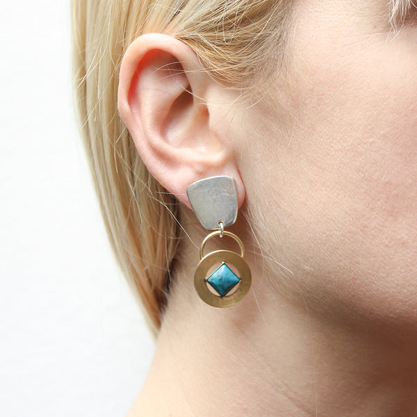 Tapered Square with Wide Ring and Turquoise Gem Clip or Post Earrings
