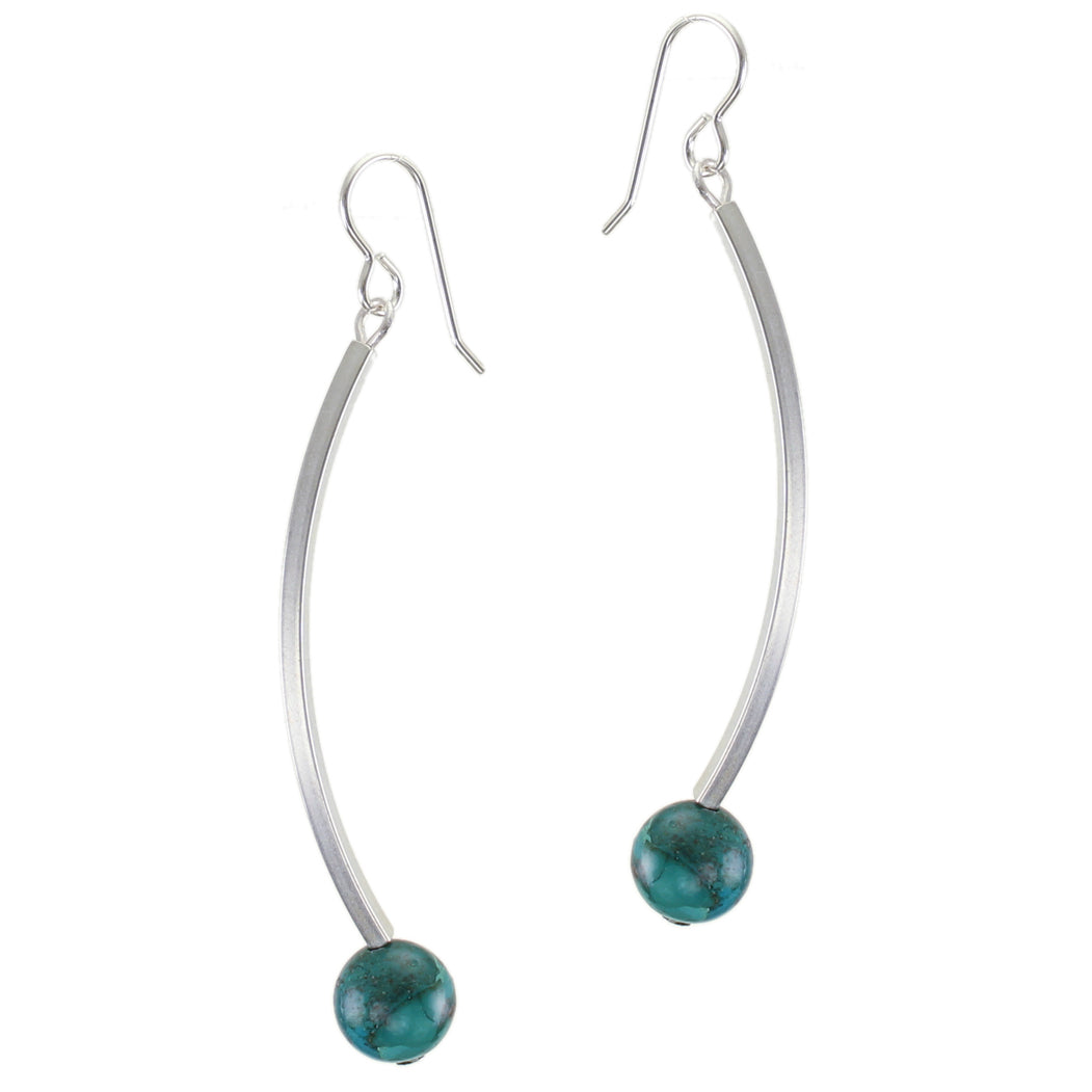 Long Curved Tube with Turquoise Bead Wire Earrings