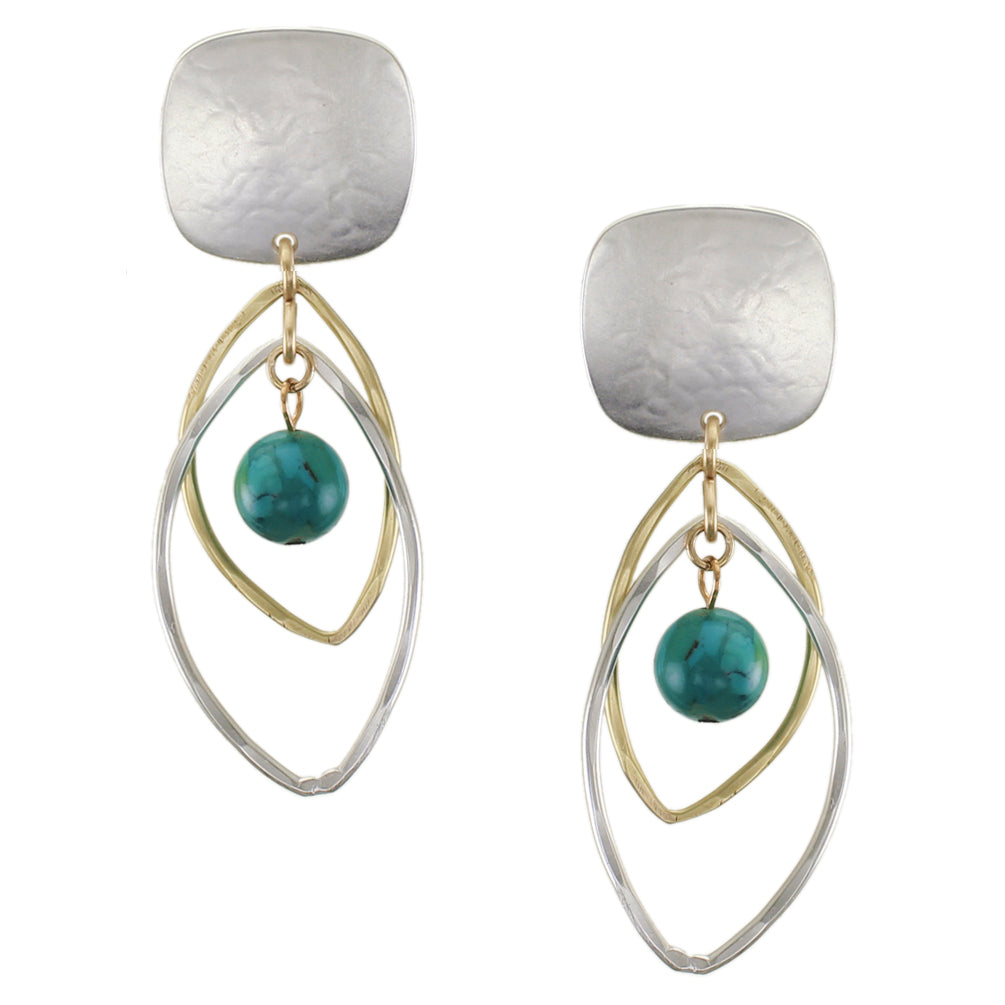 Rounded Square with Layered Leaf Rings and a Turquoise Bead Clip or Post Earrings