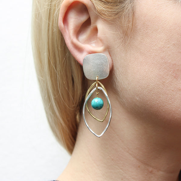 Rounded Square with Layered Leaf Rings and a Turquoise Bead Clip or Post Earrings