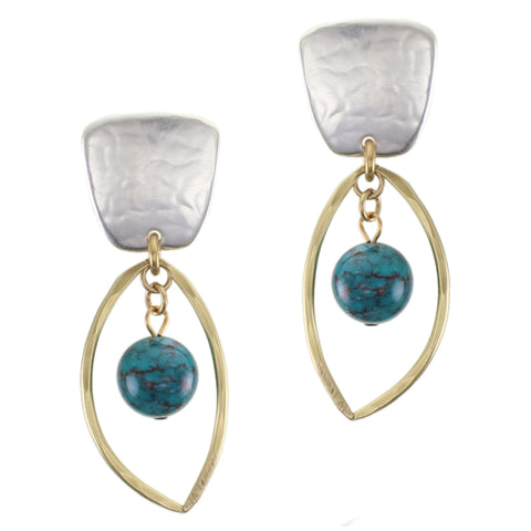 Tapered Square with Medium Leaf Ring and Turquoise Bead Clip or Post Earrings