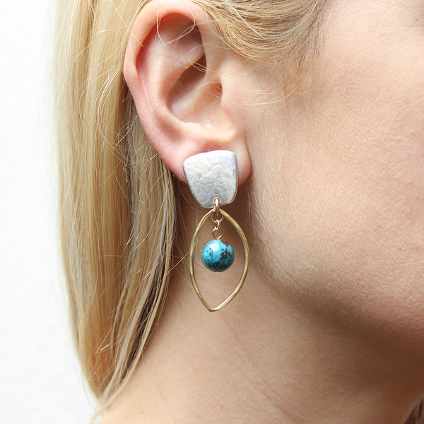 Tapered Square with Medium Leaf Ring and Turquoise Bead Clip or Post Earrings