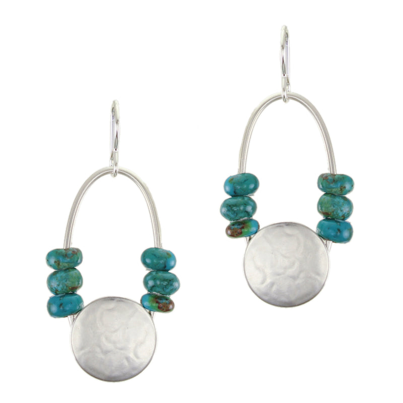 Large Disc with Oval Ring and Turquoise Beads Wire Earrings