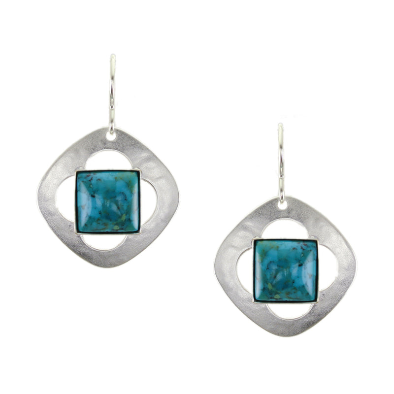 Square with Cutout Flower and Turquoise Gem Wire Earrings