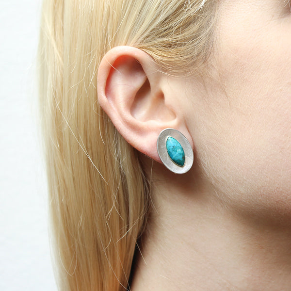 Dished Oval with Turquoise Marquis Clip or Post Earrings