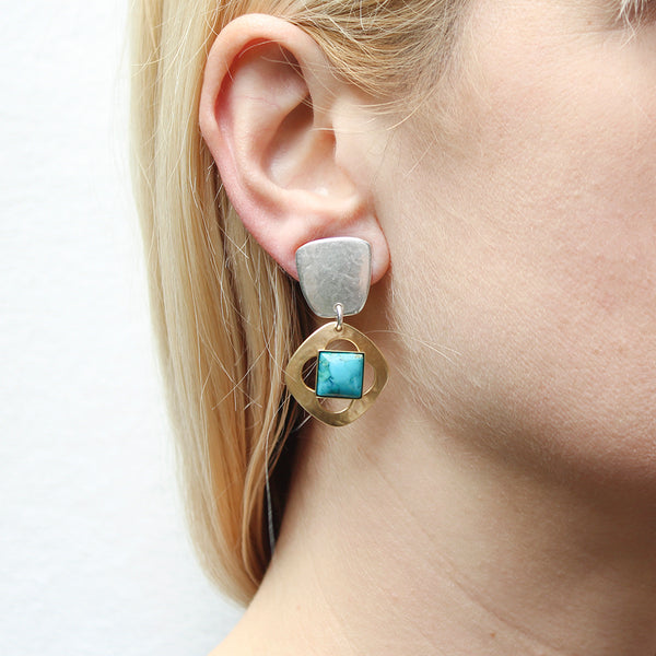 Tapered Square with Square with Cutout Flower and Turquoise Gem Clip or Post Earrings