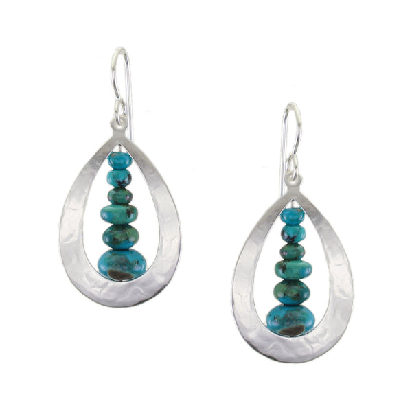 Cutout Teardrop with Turquoise Bead Stack Wire Earrings