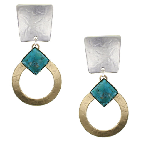 Tapered Rectangle with Wide Ring and Turquoise Gem Clip or Post Earrings