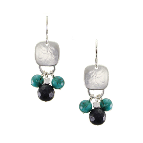 Square with Turquoise and Black Beads Wire Earrings
