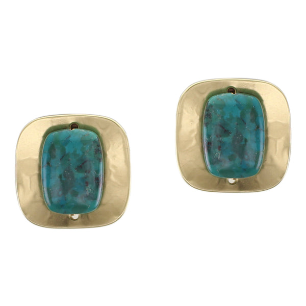 Dished Square with Turquoise Bead Clip or Post Earrings