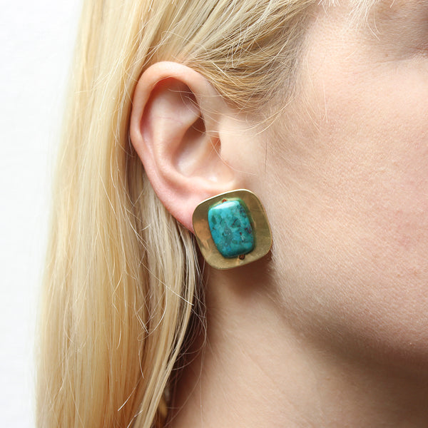 Dished Square with Turquoise Bead Clip or Post Earrings