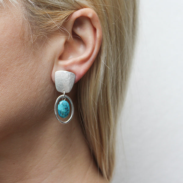 Tapered Square with Turquoise Bead and Oval Ring Clip or Post Earrings