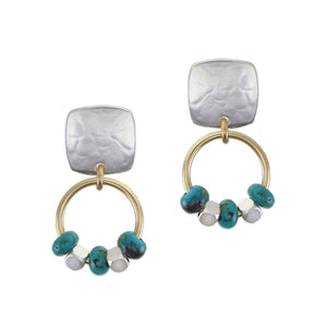 Square with Rings and Turquoise Beads Post Earrings