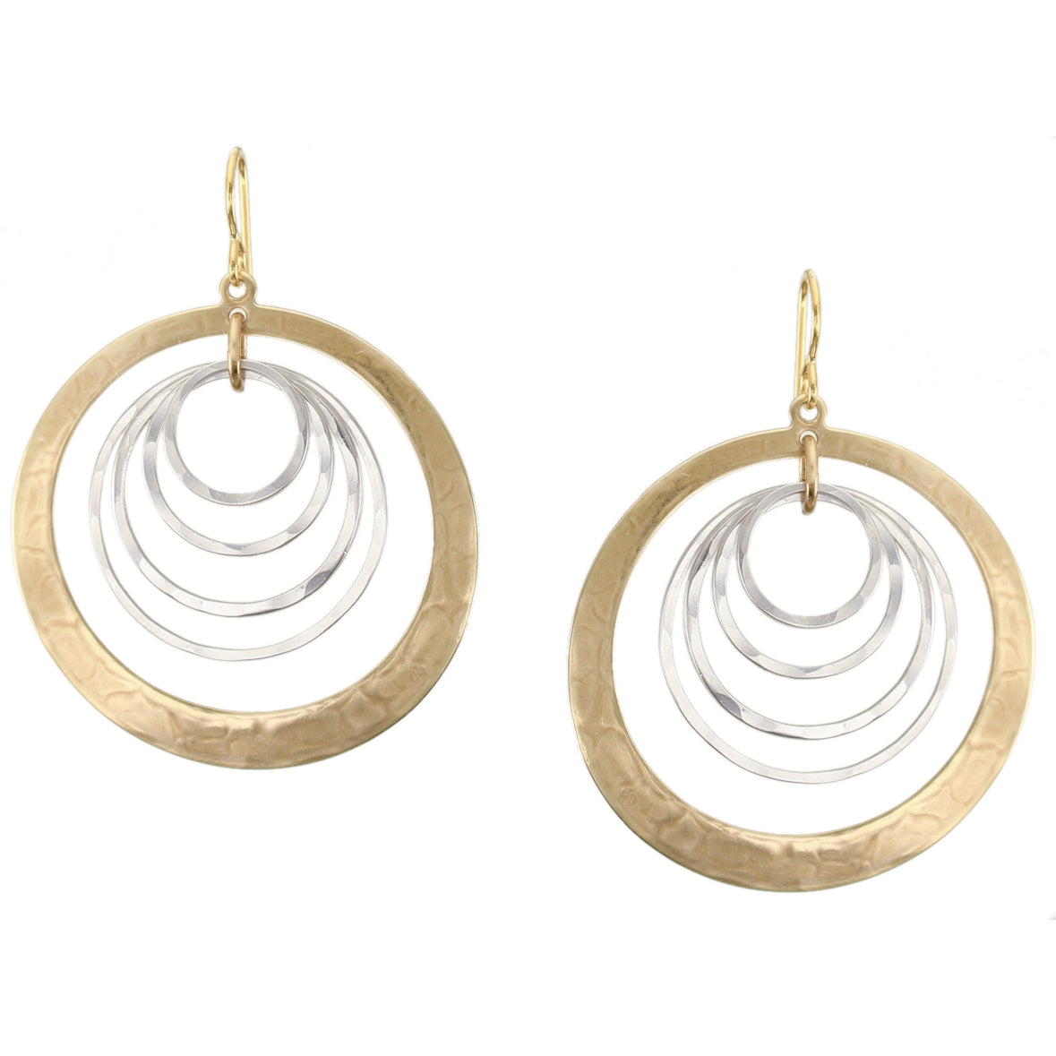 Large Cutout Disc with Hammered Rings Wire Earrings