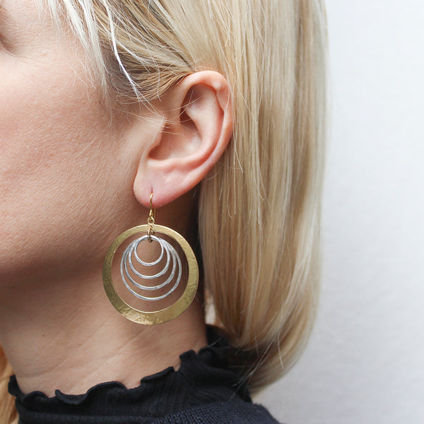 Large Cutout Disc with Hammered Rings Wire Earrings