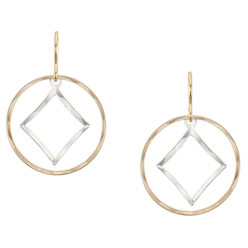 Hammered Diamond and Round Rings Wire Earrings