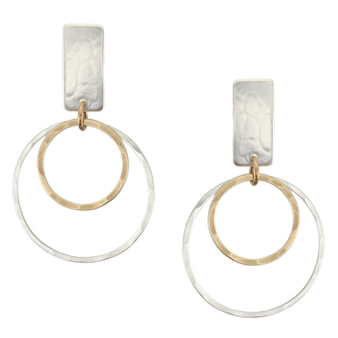 Large Rectangle with Hammered Rings Post Earrings