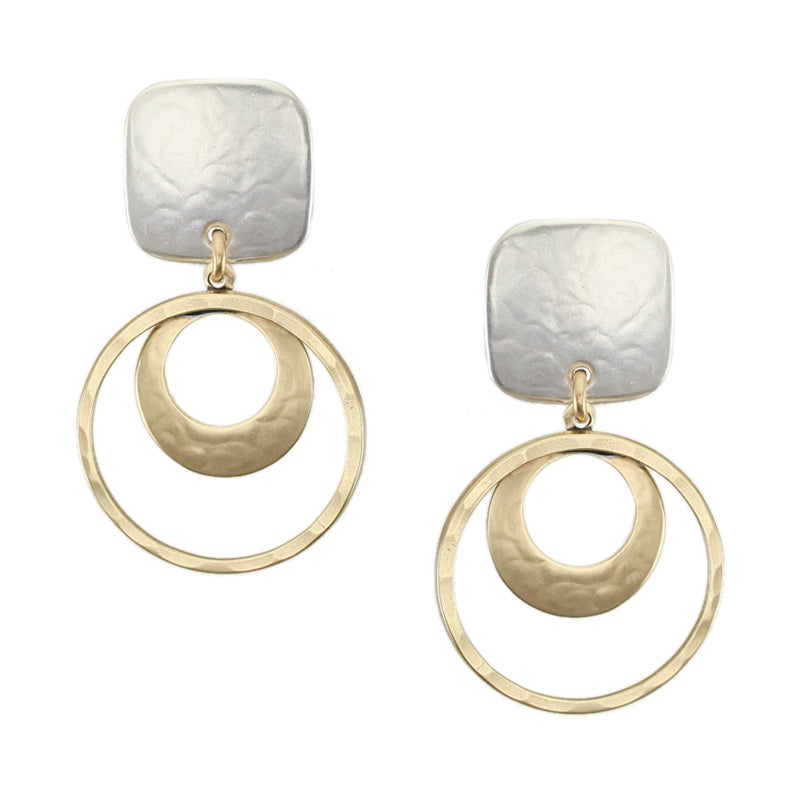 Square with Rings and Cutout Disc Clip or Post Earring