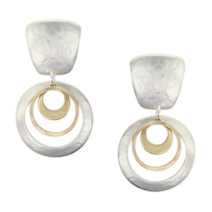 Tapered Square with Rings and Cutout Disc Clip or Post Earring