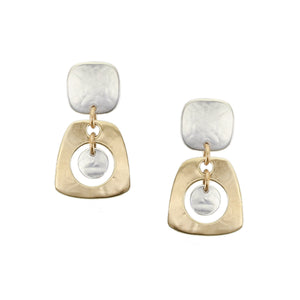 Square with with Cutout Tapered Rounded Rectangle with Hanging Disc Post Earrings