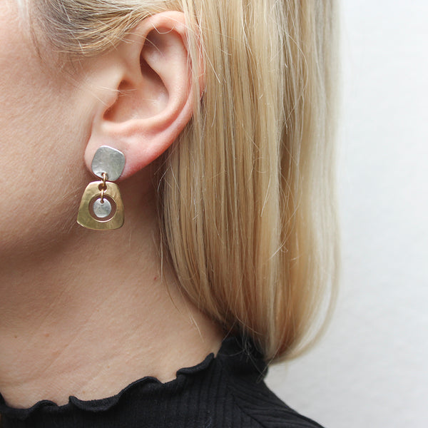 Square with with Cutout Tapered Rounded Rectangle with Hanging Disc Post Earrings