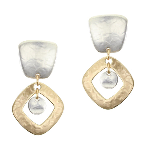 Tapered Square with Cutout Diamond with Hanging Disc Clip or Post Earring