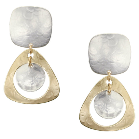 Square with Cutout Rounded Triangle and Hanging Disc Clip or Post Earring