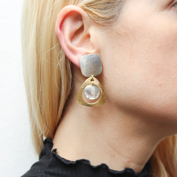 Square with Cutout Rounded Triangle and Hanging Disc Clip or Post Earring