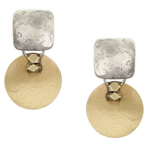 Rounded Square with Dished Disc and Beads Post or Clip Earring