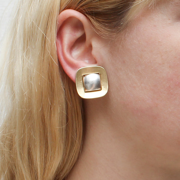 Rounded Square with Domed Center Clip or Post Earring
