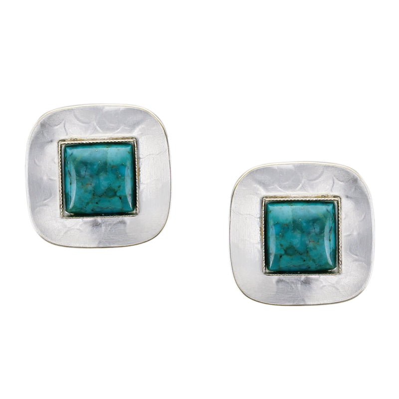 Silver Rounded Square with Square Gemstone Clip or Post Earring