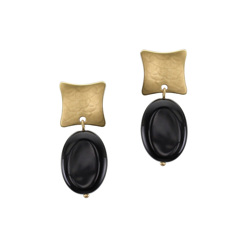 Brass Square with Black Oval Bead Post Earring