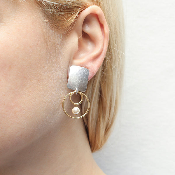 Rounded Rectangle with Small Wire Rings and Cream Pearl Clip or Post Earring