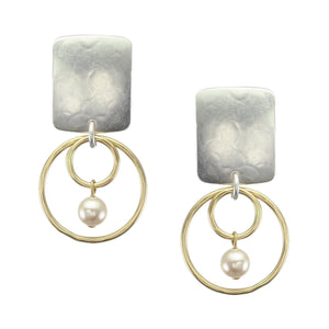 Brass and Silver Post or Clip on Pearl Earrings