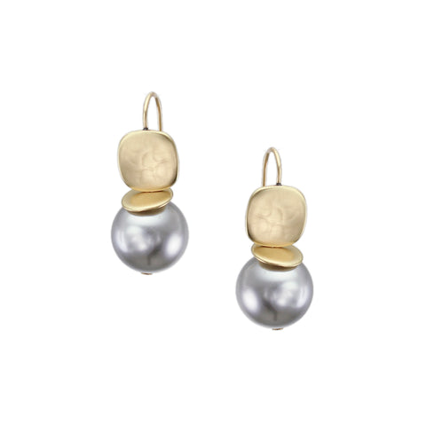 Rounded Square with Flat Disc and Grey Pearl Earring