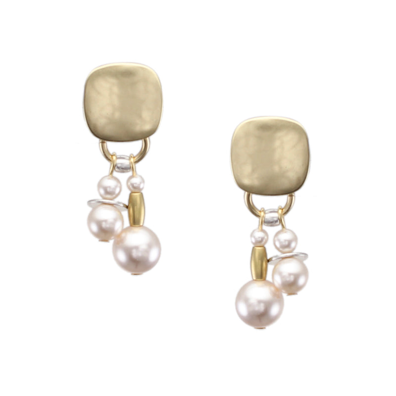 Rounded Square with Cream Pearls, Flat Discs and Beads Post Earring