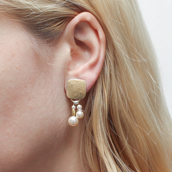 Rounded Square with Cream Pearls, Flat Discs and Beads Clip Earring