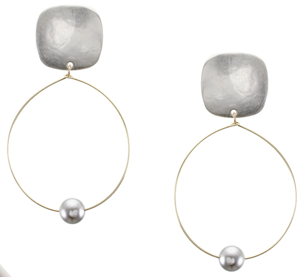 Rounded Square with Delicate Hoop and Pearl Clip or Post Earring