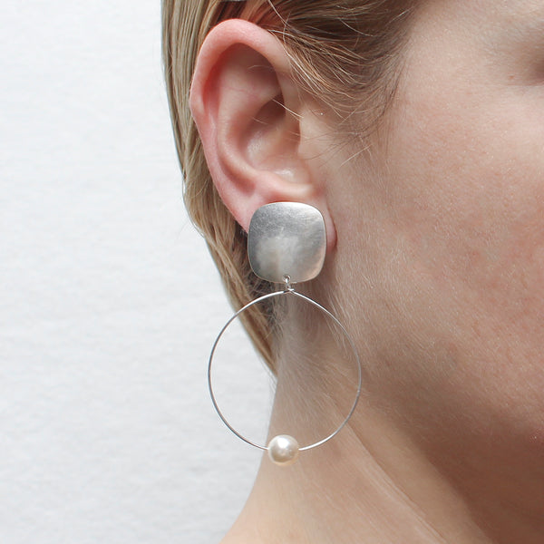 Rounded Square with Delicate Hoop and Pearl Clip or Post Earring in All Silver